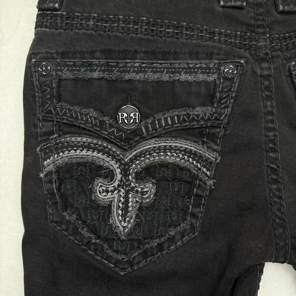 Rock Revival Mens Jean Shorts Size 32 Black Lorenzo Jorts Distressed Embroidery - Picture 9 of 14